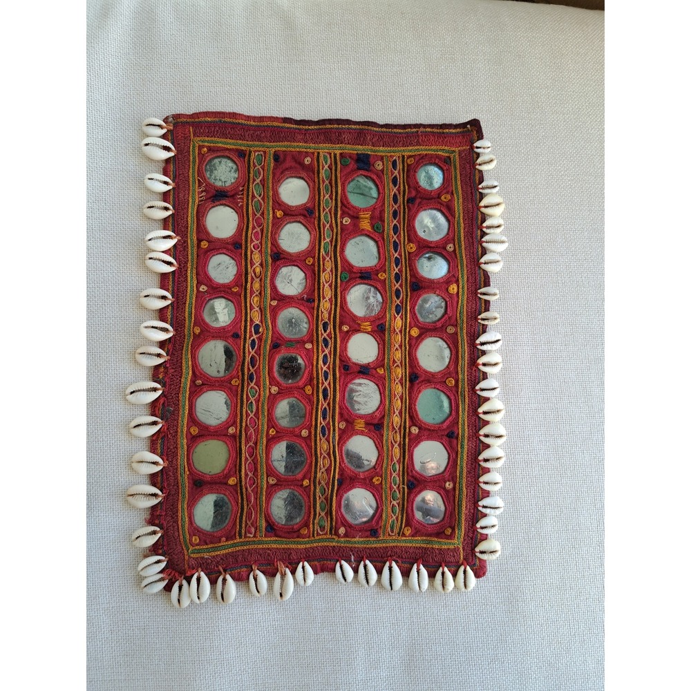 Vintage Banjara Shisha Mirror Work Textile Cowrie Shell Trim Red Tribal Folk Art